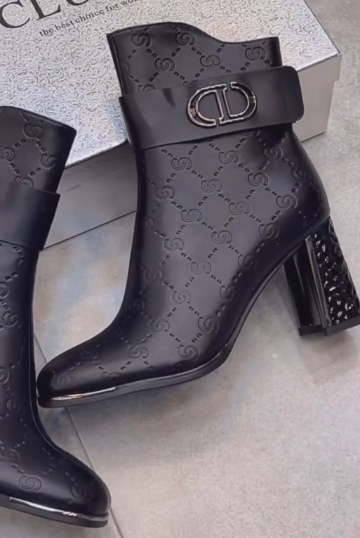 Black diamond heel printed leather ankle boots