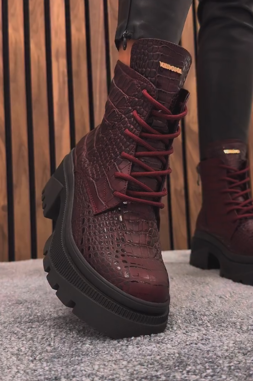 Dark red crocodile-print leather ankle boots