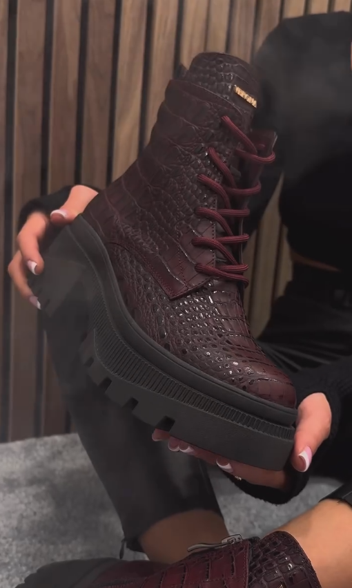 Dark red crocodile-print leather ankle boots