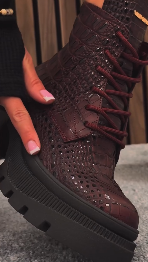 Dark red crocodile-print leather ankle boots