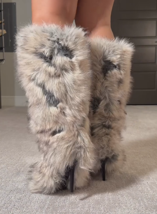 Gray velvet high-heeled boots