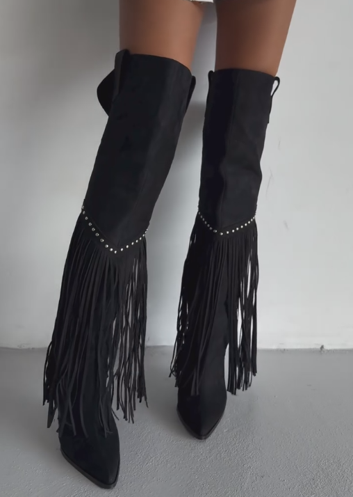 Black diamond-studded tassel boots