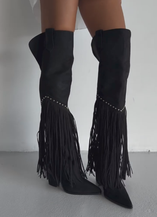 Black diamond-studded tassel boots