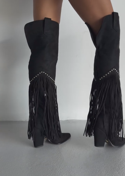 Black diamond-studded tassel boots
