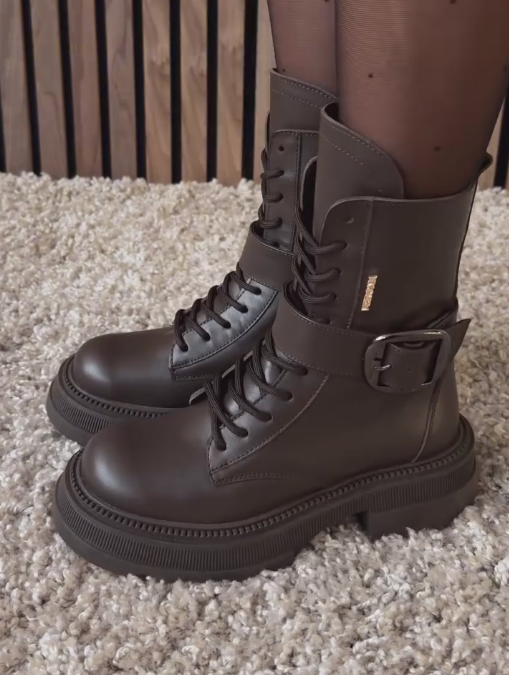 Dark brown buckle casual ankle boots