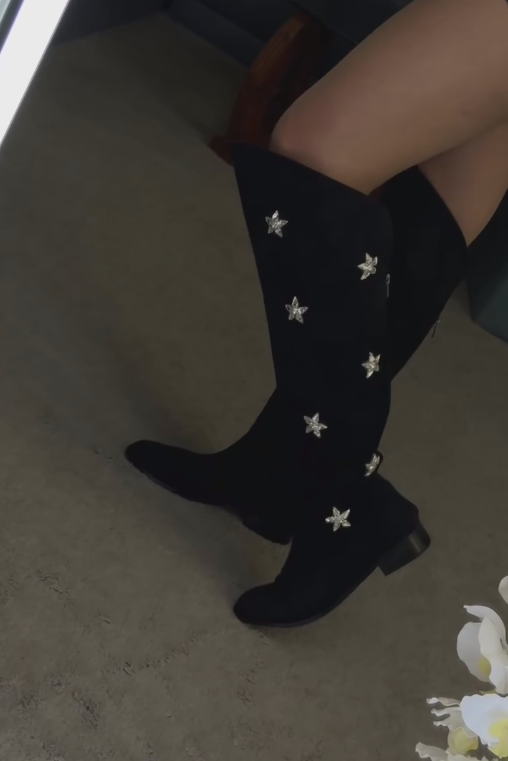 Silver five-pointed star shining starry sky high boots