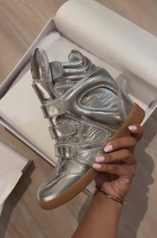 Silver shiny brown sole sneakers