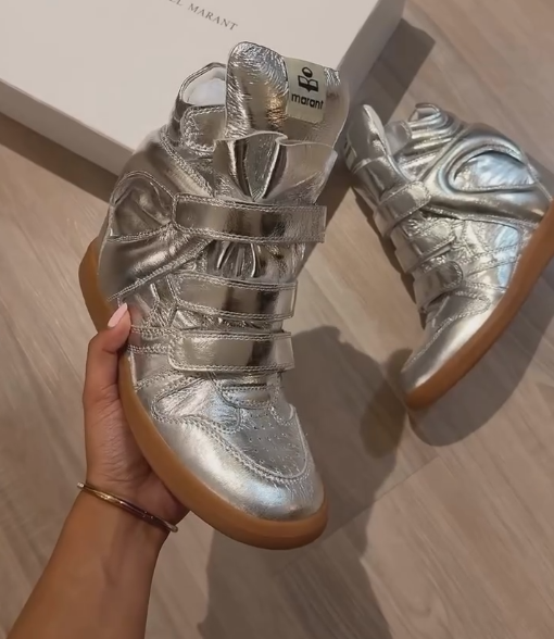 Silver shiny brown sole sneakers