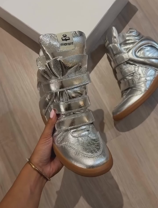 Silver shiny brown sole sneakers