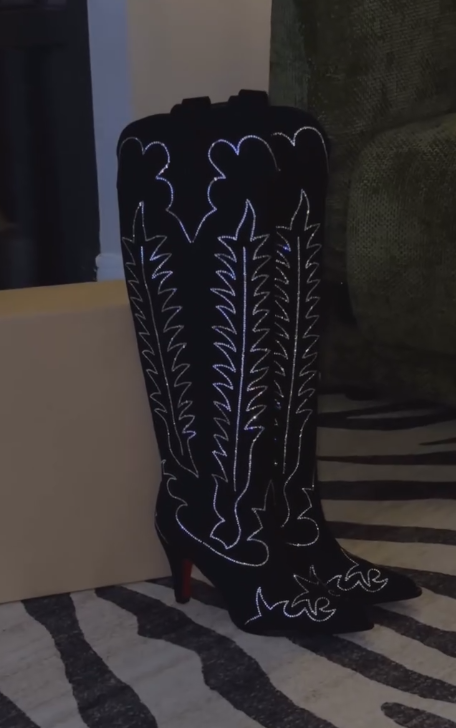 Silver sequined ribbon and black high boots