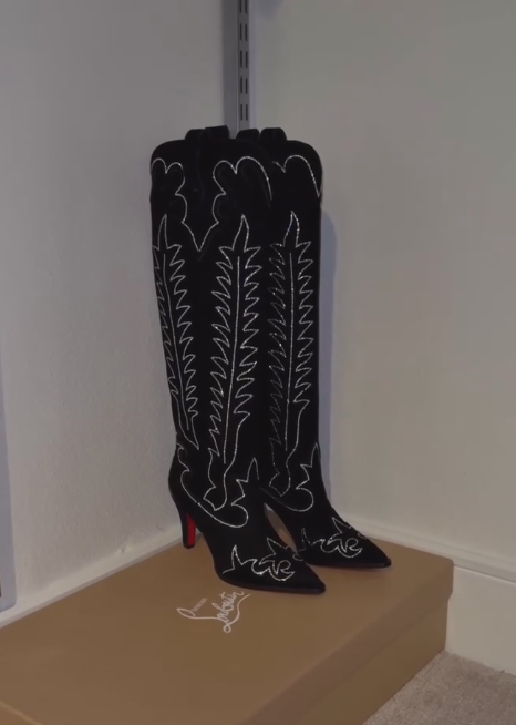 Silver sequined ribbon and black high boots