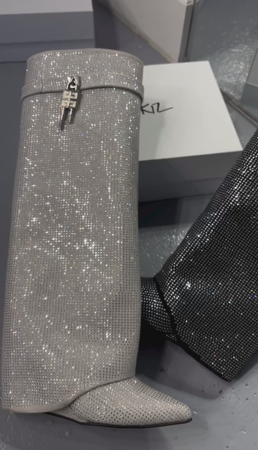 Glitter and rhinestone embellished knee-high fashion boots