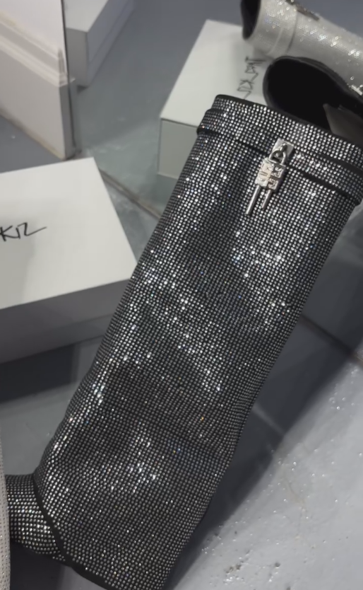 Glitter and rhinestone embellished knee-high fashion boots