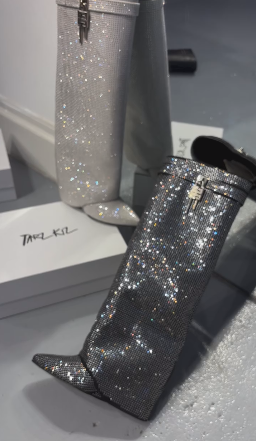 Glitter and rhinestone embellished knee-high fashion boots