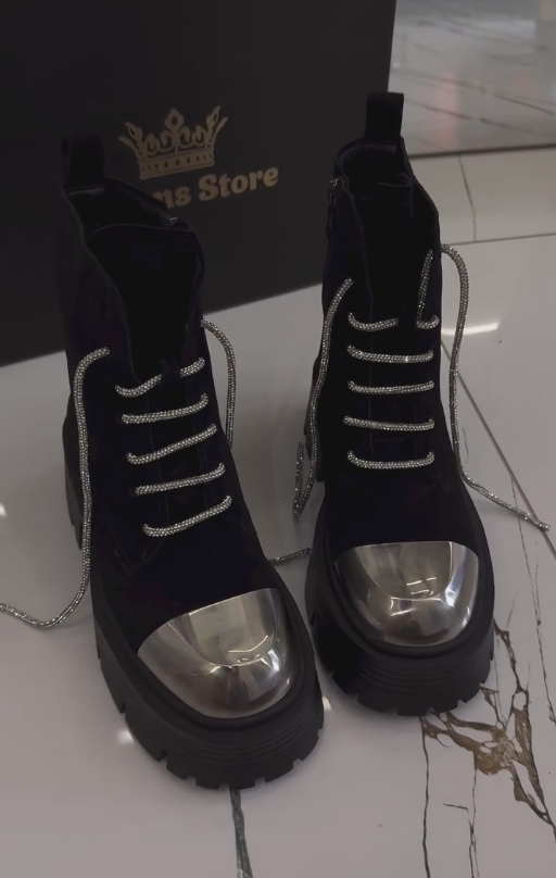 Silver lace-up metal-toned fleece-lined ankle boots