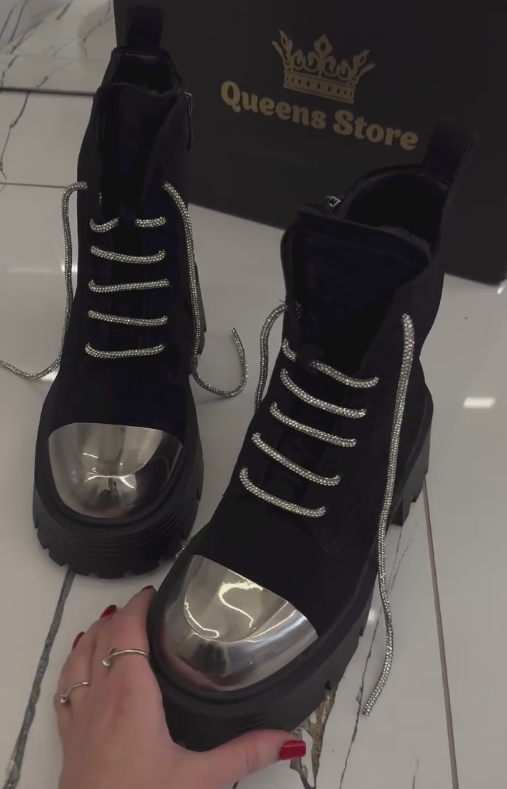 Silver lace-up metal-toned fleece-lined ankle boots