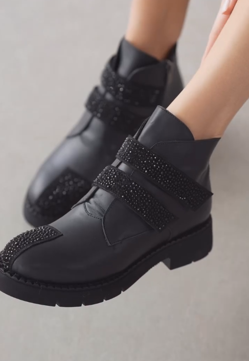 Black rhinestone-embellished double Velcro boots