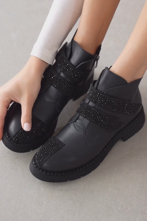 Black rhinestone-embellished double Velcro boots