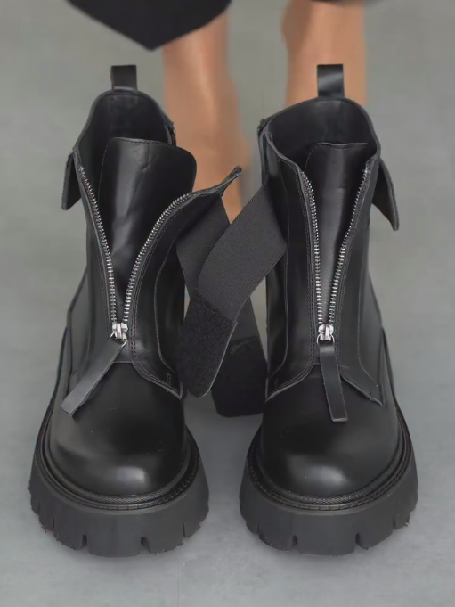 Black chain zipper stylish ankle boots