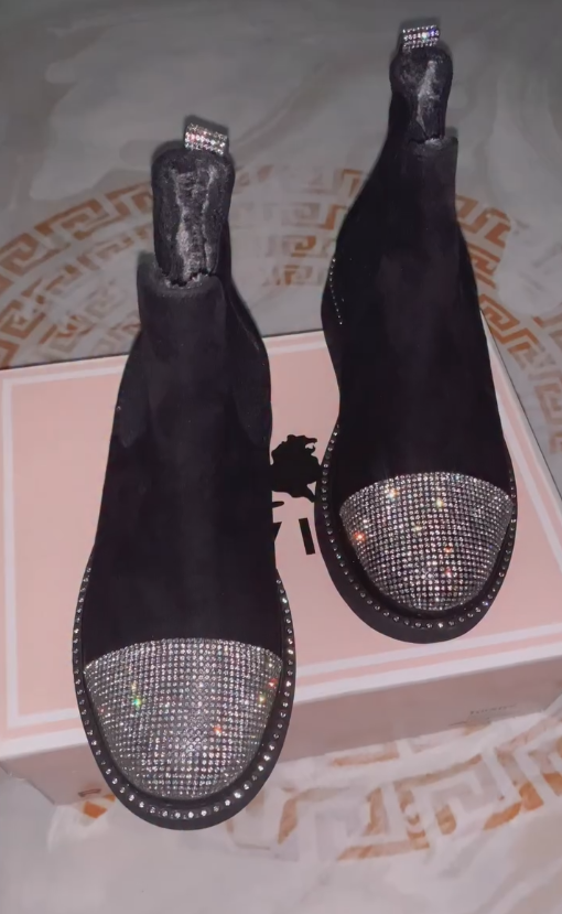 Sequined and rhinestone-embellished fleece-lined ankle boots