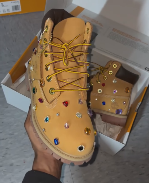 Colorful rhinestone-encrusted khaki leather boots