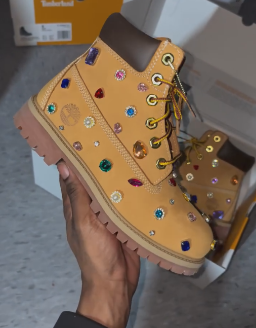 Colorful rhinestone-encrusted khaki leather boots