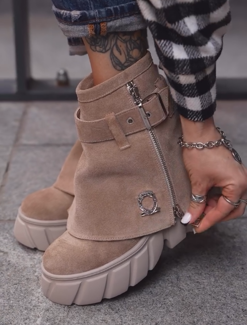 Khaki canvas suede zip-up ankle boots