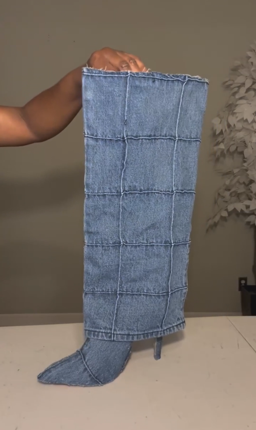 Denim patchwork high-heeled boots