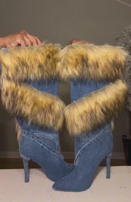 Denim fleece-trimmed high boots