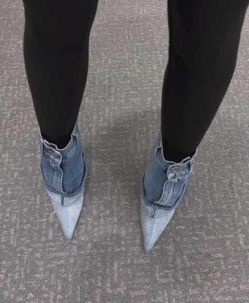 Denim button-decorated high-heeled ankle boots