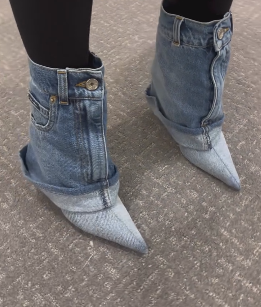 Denim button-decorated high-heeled ankle boots