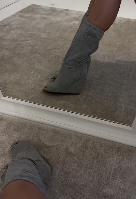 Grey denim canvas high-heeled boots