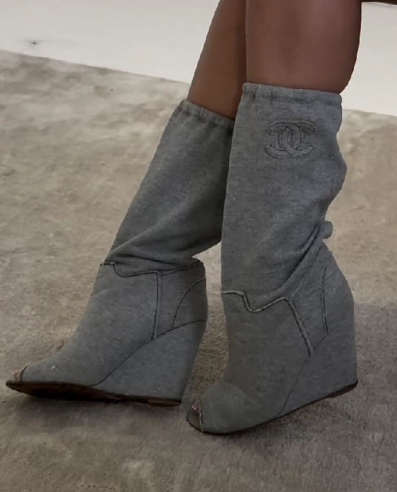 Grey denim canvas high-heeled boots