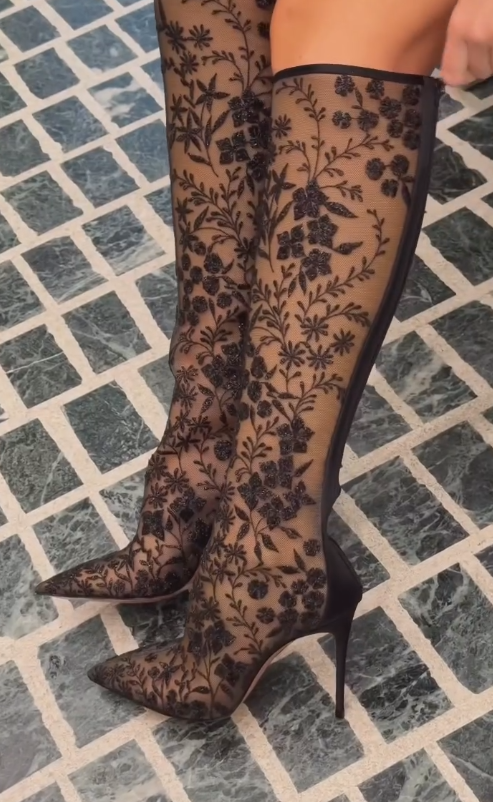 Lace embroidered flower and leaf knee-high high heels