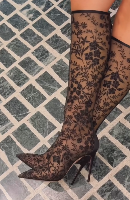 Lace embroidered flower and leaf knee-high high heels