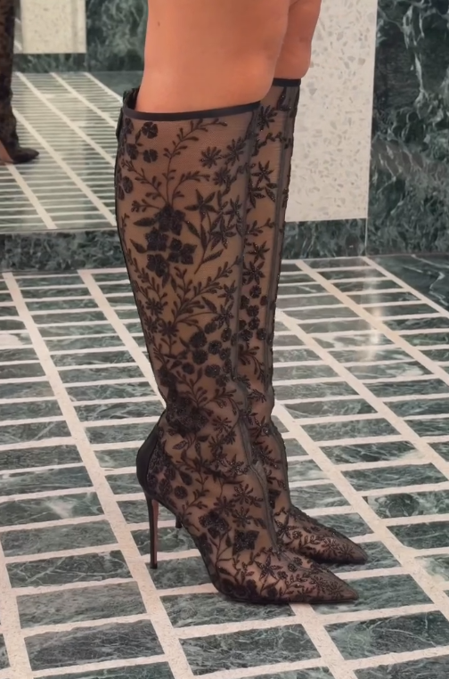 Lace embroidered flower and leaf knee-high high heels
