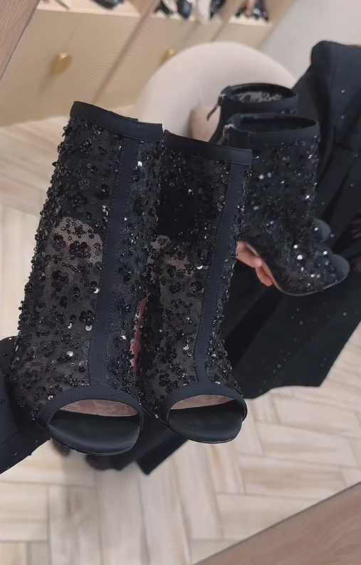 Black lace embroidered sequined boots