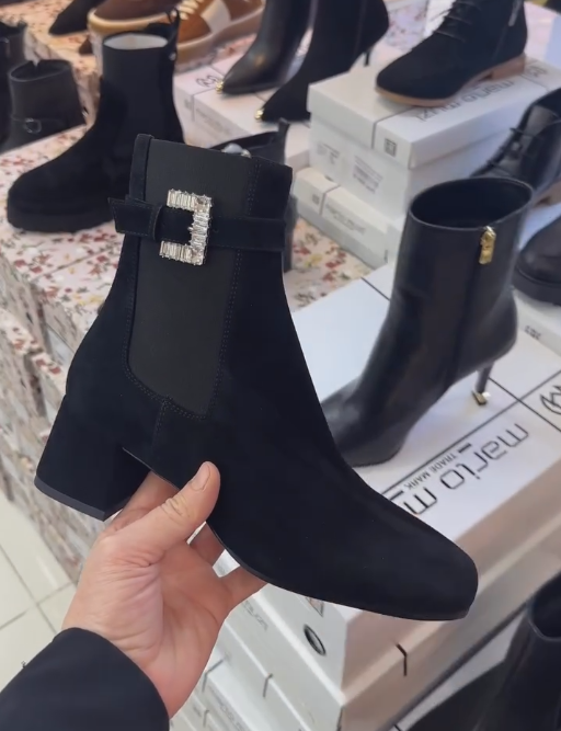 Silver buckle rhinestone-studded black suede ankle boots