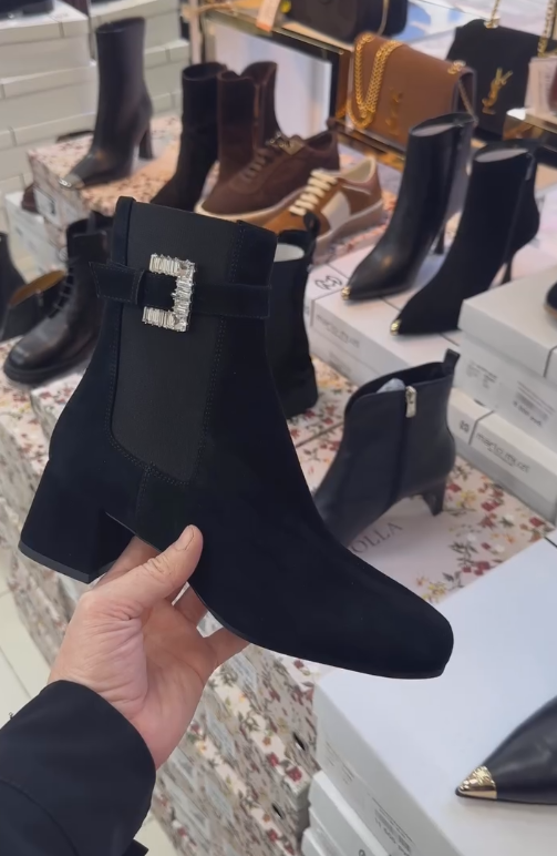 Silver buckle rhinestone-studded black suede ankle boots