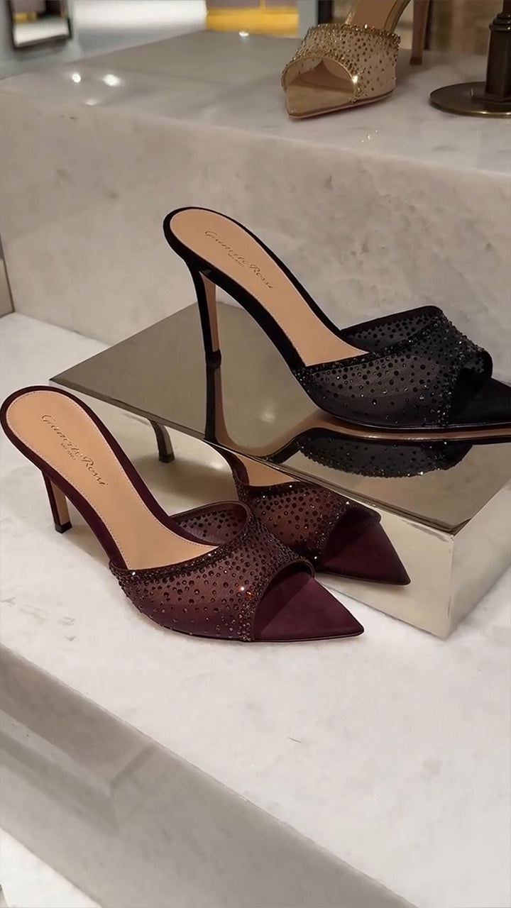 Red lace rhinestone-embellished high heels