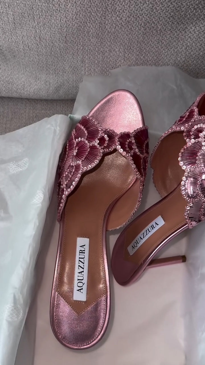 Pink floral sequined embroidered high heels