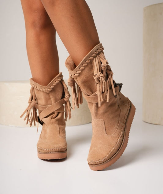 Three-color suede soft sole mid-tube boots