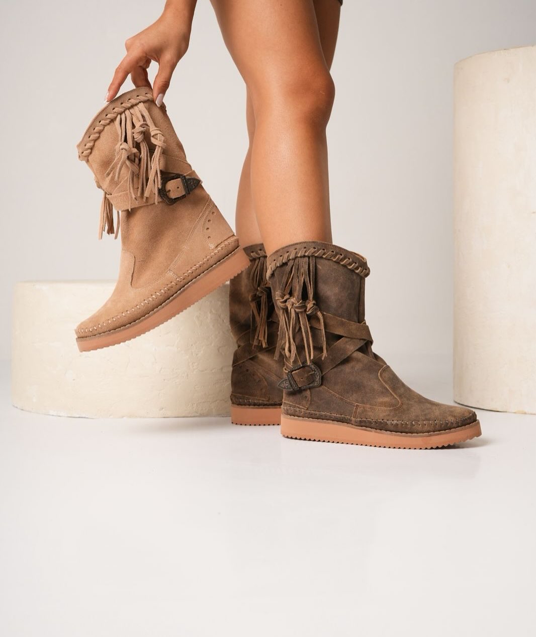 Three-color suede soft sole mid-tube boots