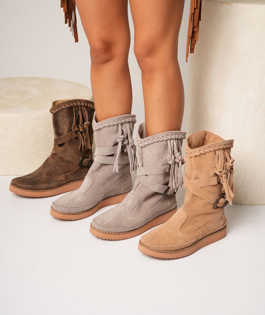 Three-color suede soft sole mid-tube boots