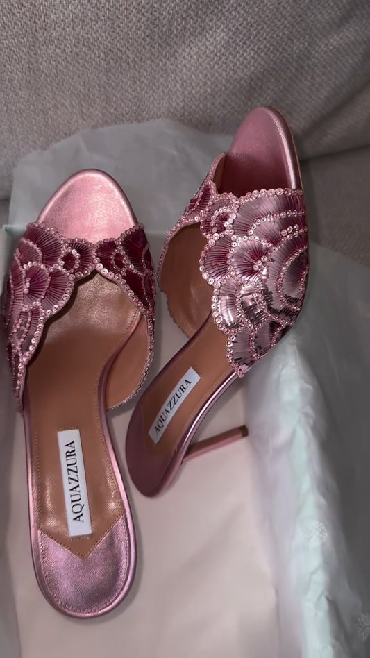 Pink floral sequined embroidered high heels