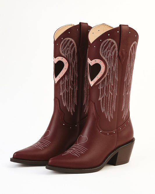 Heart-shaped angel burgundy mid-calf cowboy boots