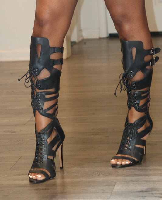 Hollow leather lace-up high boots