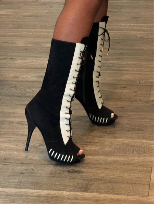 Black and white high-heeled boots