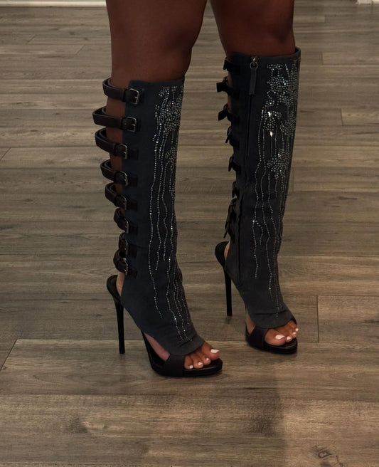 sequined lace-up high-heeled boots