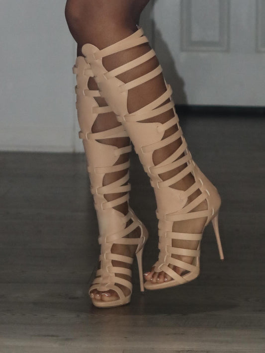 Creamy white leather high boots